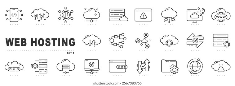 Set of web hosting related line icons. Server, cloud, storage, database etc. Editable stroke.