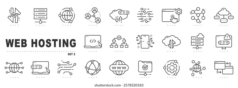 Set of web hosting related line icons. Server, cloud, storage, database etc. Editable stroke. Set 2