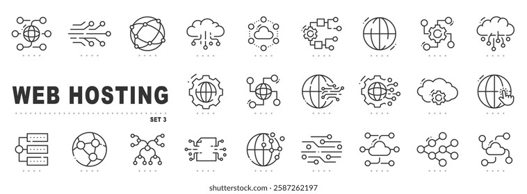 Set of web hosting related line icons. Server, cloud, storage, database etc. Editable stroke. Set 3