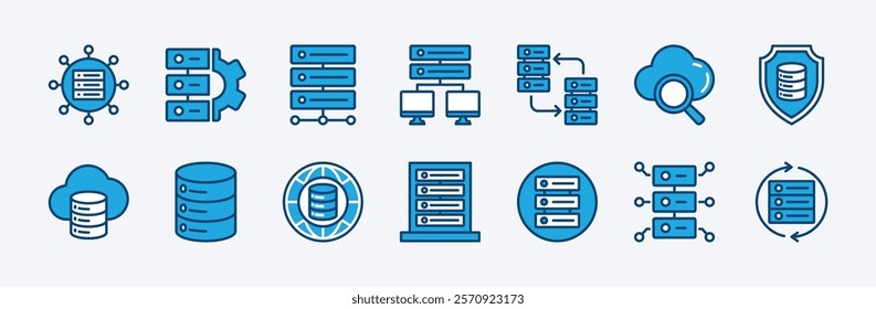 Set of web hosting server icon. Containing connection, center, big data technology, database, cloud computing, global network, research, management, backup, cyber security. Vector illustration