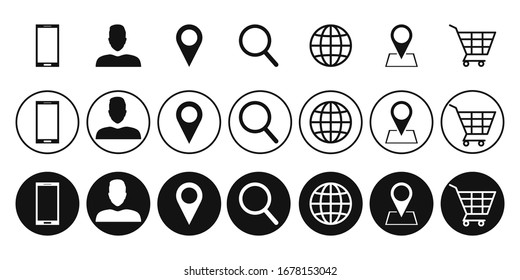 Set of web icon buttons, global, phone, message, search, copy, mail, contact, buy icons