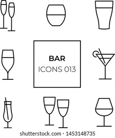 set of web icons of 8 pieces on the theme of bar glasses with an example of colored substrates
