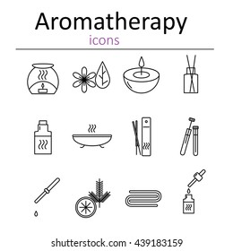 Set of web icons for aromatherapy. Oil burner, Aromatic sticks, aroma oils, candles and other accessories for aromatherapy. Vector illustration.