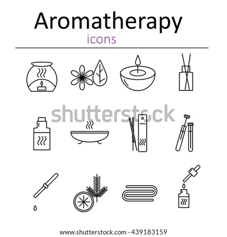 Set of web icons for aromatherapy. Oil burner, Aromatic sticks, aroma oils, candles and other accessories for aromatherapy. Vector illustration.