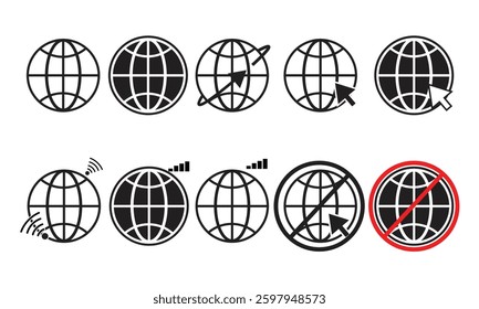 Set of web icons, click to go to website. Globe with arrow. Vector illustration Globe Icon vector illustration, Go to web symbol icon, www symbol, Web icon, website, homepage icon set,