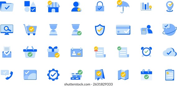 Set of web icons in color shape style. User, lock, home, shopping cart, shield, creadit card, setting, document, computer, checkmark.. . Icons vector illustration.
