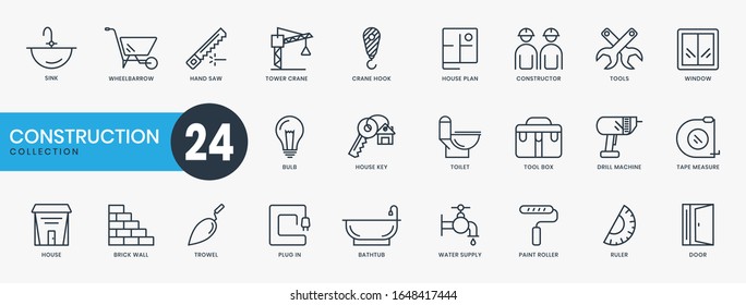 set of web icons - construction, home improvement tools. Tower cranes, plugs, doors, houses, plumbing, water faucets. Collection of thin line elements. Vector illustration.