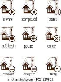 a set of web icons describing the stage and type of construction