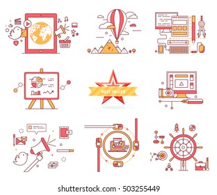 Set of web icons in flat style. E-commerce. Travelling on balloon, computer technologies, diagrams and charts, best seller, communication system, chat sign, vector infographics, online games concept.