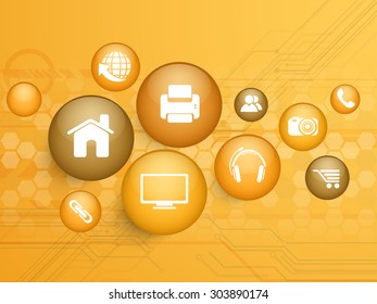 Set von Web-Icons in glänzenden Sphären für Technologie-Konzept auf High-Tech-Hintergrund. 