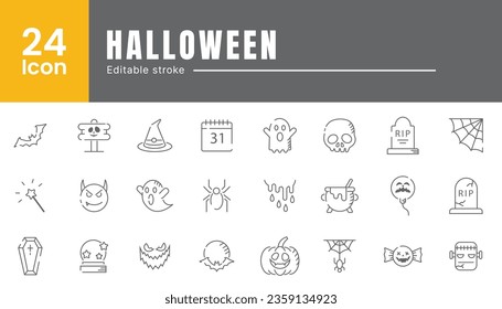 Set von Web-Symbolen im Linienstil. Halloween-Icons für Web- und Mobile-App. Schlaganfall, dünn, Geist, Hut, Mond, Vampire, Blut, Auge, Fantasie, dünn, Geist, Hut, Mond, Vampire, Blut, Auge, Fantasie, Symbolsatz,