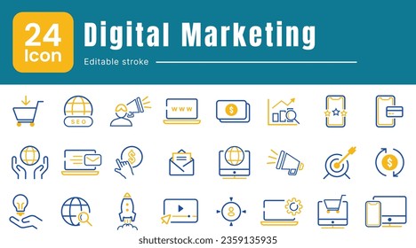 Set of web icons in line style. Digital marketing icons for web and mobile app. Media, online, website, advertising, marketing, social, analysis, etc.	