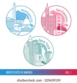 Set of web icons or Logo for tourism or political company. Biggest cities of USA. New york, Washington DC and San Francisco. One line trendy style. Modern flat design. Round composition.