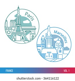 Set of web icons or Logo for tourism or political company. Biggest cities of France. Paris and Marseille. One line trendy style. Modern flat design. Round composition.