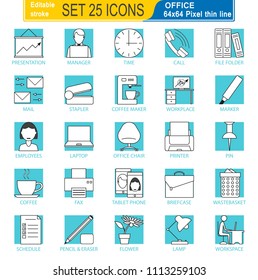 Set of web icons office.  Editable Stroke. 64x64 Pixel Perfect