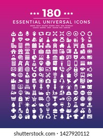Set of web icons on gradient background.180 vector solid icon - arrows, beauty, buildings, business, office, bank, technology, logistics, shopping, sport, weather, food, computer.