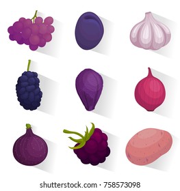 Set of web icons of purple fruits and vegetables. Vector illustration. Collection of elements for web design.