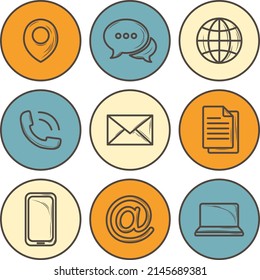 Set of web icons symbols. Simple vector icons set. Smartphone, email, location, globe, chat, documents, computer, address. Use for web and mobile apps, user interface and infographic design.