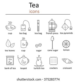 Conjunto de iconos web para el té en el estilo de línea.