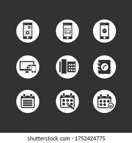 Set of web icons for technology, social media, internet media, business, finance and communication on black background.