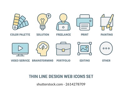 A set of web icons in thin line design is available for graphic design, featuring a range of services and concepts