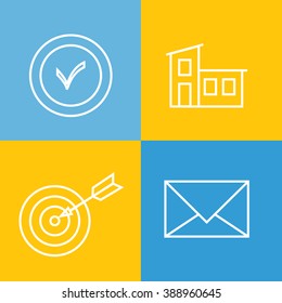 Set of web icons with thin lines, contours. Business symbols, marketing and communications. Icons work, stationery and diagrams and infographics for web pages.