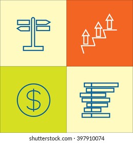 Set of web icons with thin lines, contours. Business symbols, marketing and communications. Icons pointer money. graph and arrow. For web pages, and infographics.