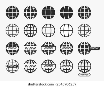 Set von Web-Symbolen, Website besuchen, Vektorsymbol-Set, Earth Clip Art, Globussymbol, zu unserem Website-Zeichen gehen, Web-Zugriffssymbol, Online-Website-Symbolblatt, isolierter weißer Hintergrund