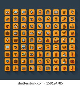 Set of web icons,Media and communication icon signs set, vector drinks medical office cooking set icons orange