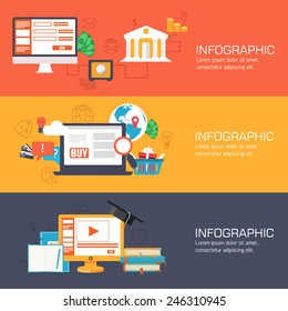 set of web internet technology of business, online banking and education banners flat design. Vector illustrations backgrounds in vintage style concepts. Template for website and mobile appliance