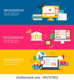 set of web internet technology of business, online banking and education banners flat design. Vector illustrations backgrounds in vintage style concepts. Template for website and mobile appliance