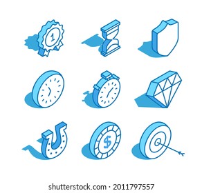 Set von Web-Isometrien. Hourglass, Schild, Uhr, Stoppuhr, Diamant, Münze und mehr. Symbol für 3D-Linie.