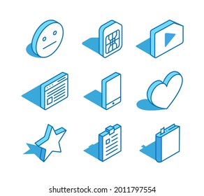 Set of web isometric icon. SIM card, phone, heart, star, book and more. 3D line style symbol.