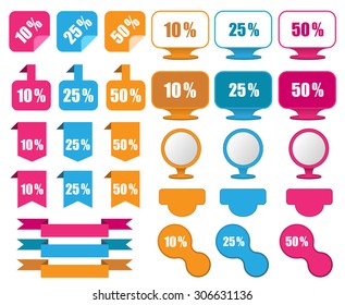 set of web label sticker banners on a white background. 10%, 25%, 50% percent discount signs percent discount sale tag icons