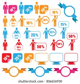 set of web label sticker banners on a white background. 10%, 25%, 50% percent discount signs percent discount sale tag icons. man holding a sign with information.