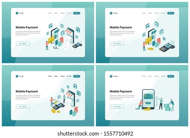set of web landing page banner design for mobile payment and online shopping concept