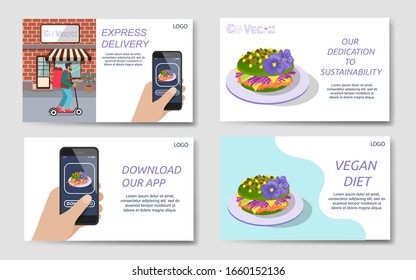 Set of web landing pages for go vegan and sustainability concepts, restaurant or food delivery company,  app download 