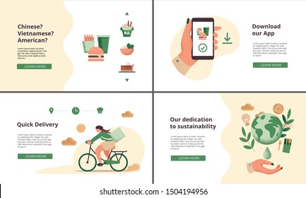 Set Of Web Landing Pages For Restaurant Or Food Delivery Company, Including Illustrations For Delivery, Food Options, App Download And Corporate Social Responsibility (CSR) Concepts