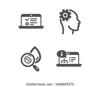 Set of Web lectures, Engineering and Water analysis icons. Online documentation sign. Online test, Cogwheel head, Aqua bacteria. Web engineering.  Classic design web lectures icon. Flat design. Vector