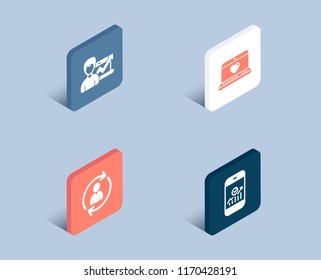 Set of Web love, Success business and Person info icons. Smartphone statistics sign. Social network, Growth chart, Refresh user data. Mobile business.  3d isometric buttons. Flat design concept