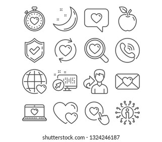 Set of Web love, Update relationships and Valentine icons. Hearts, Search love and Like button signs. Heartbeat timer symbol. Social network, Romantic relationships, Dating service. Internet dating