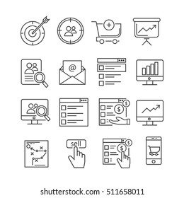 Set of web marketing Related Vector Line Icons. Includes such Icons as goal, customers, online shopping, graph, website. chart, strategy, e-mail marketing, conversion of the site