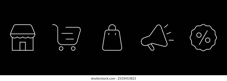 Set of web Marketplace shop store icon collection. Promotion loudspeaker, Sale badge, percent, Shopping bag symbol. Vector Illustration.