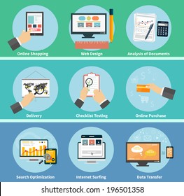 Set for web and mobile applications of web design, checklist testing, seo, internet surfing, analysis of documents, data transfer, online shopping, delivery concepts items icons in flat design