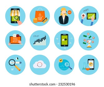 Set for web and mobile applications of mobile marketing, pay per click, social media, website analytics, seo, technical support concepts items icons in flat design