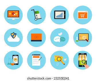 Set for web and mobile applications of  mobile marketing, pay per click, social media, website analytics,  concepts items icons in flat design