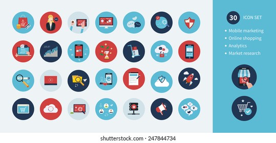 Set for web and mobile applications of mobile marketing, pay per click, social media, website analytics concepts items icons in flat design