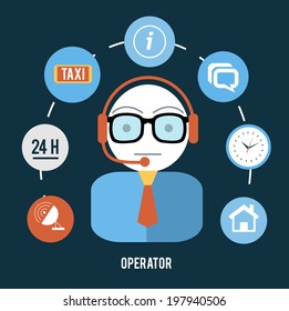 Set for web and mobile applications of office work. Operator with different item icons such as network, 24h, tax, info, message and clock. Support concept in flat design