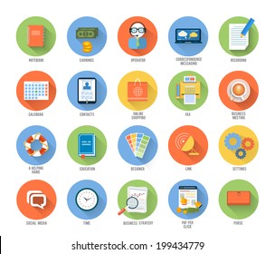 Set for web and mobile applications of office work, social media, seo search optimization, pay per click, analysis of documents, purse, time is money, support, designer, marketing concepts flat design