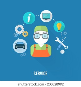 Set for web and mobile applications of office work. Service master concept with item icons
